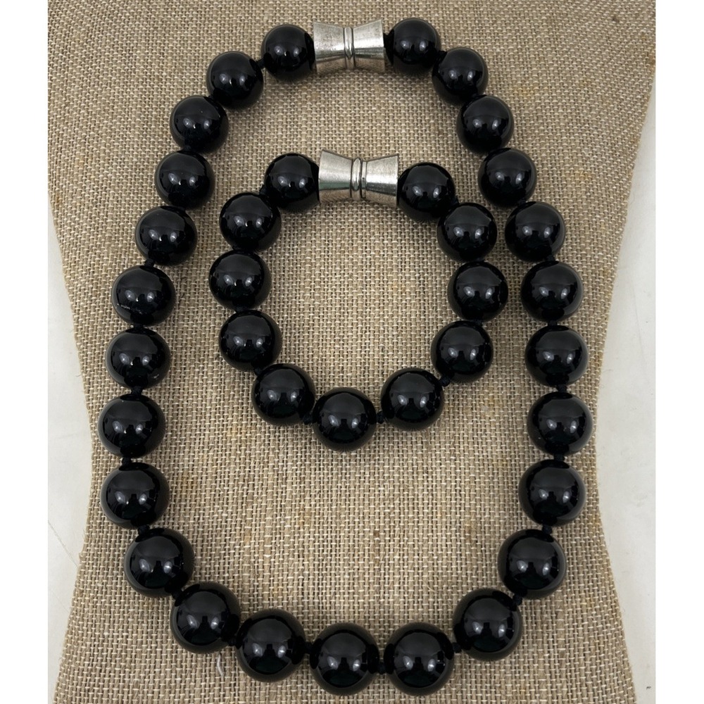 Chunky Black Beaded Necklace & Bracelet VTG‎ Magnetic Silver Clasp 5mm Unbranded